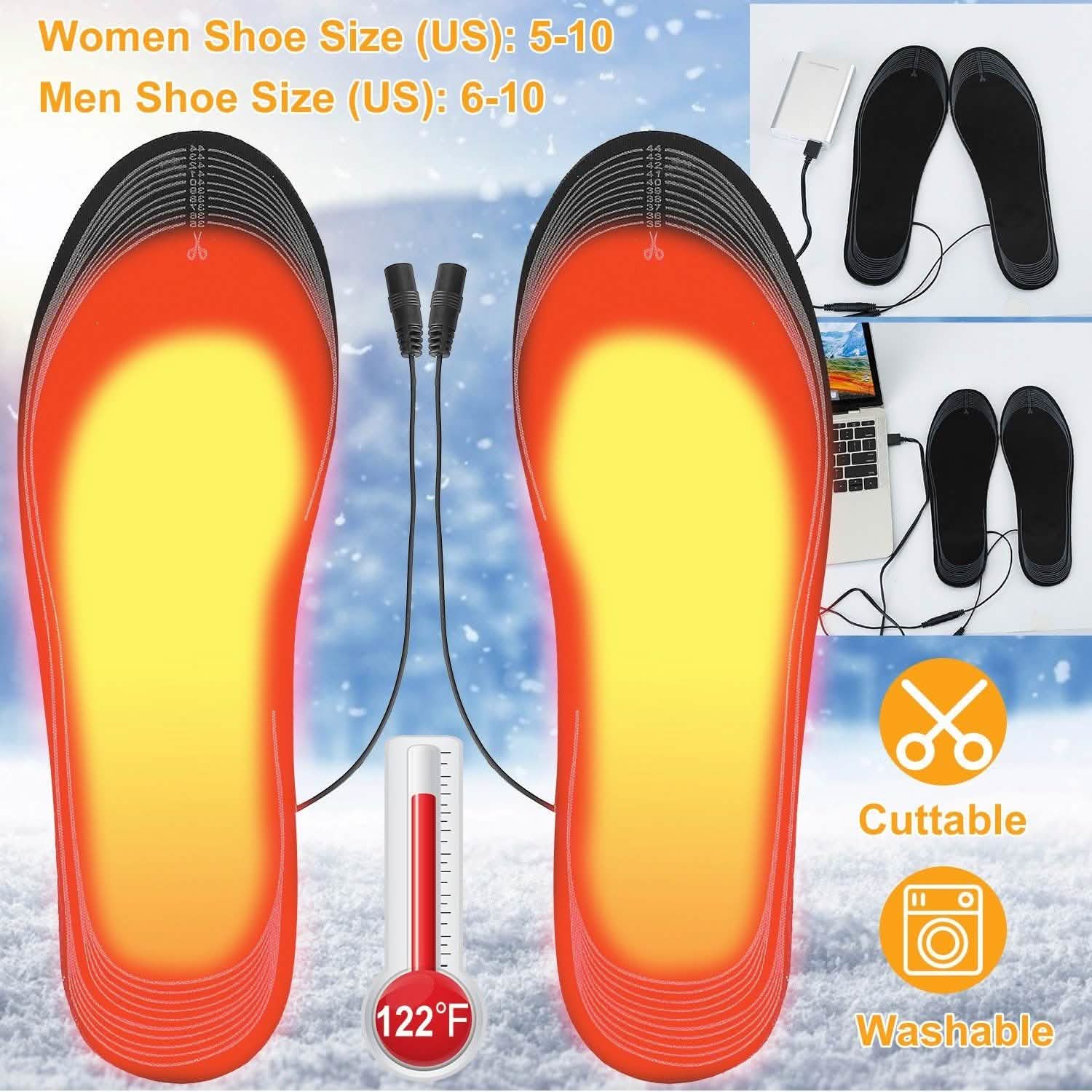 Heated insoles with USB controller showing 122°F and warming pads in shoe