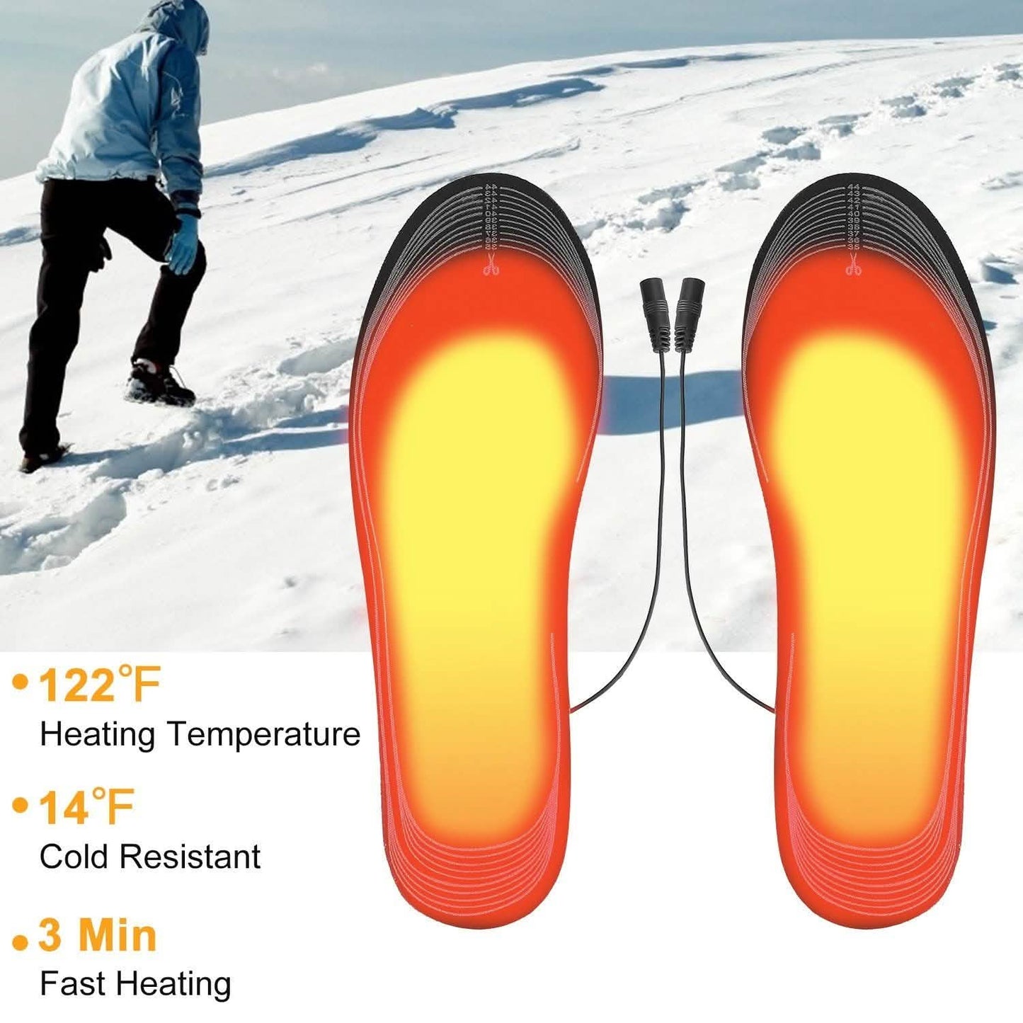 Glowing pair of electric heated insoles with USB cord connectors