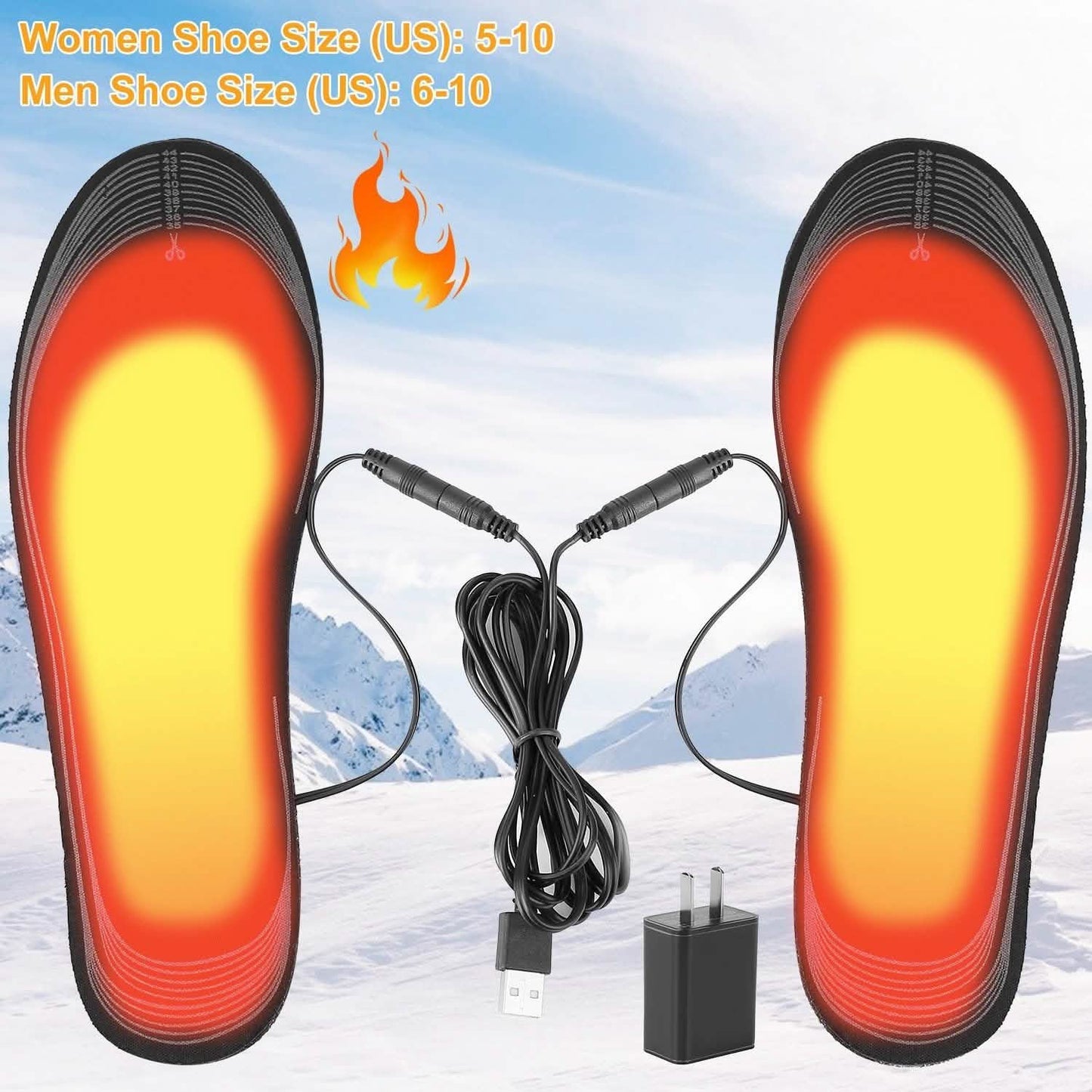 Electric heated insoles with USB power cable and plug, glowing heating pads
