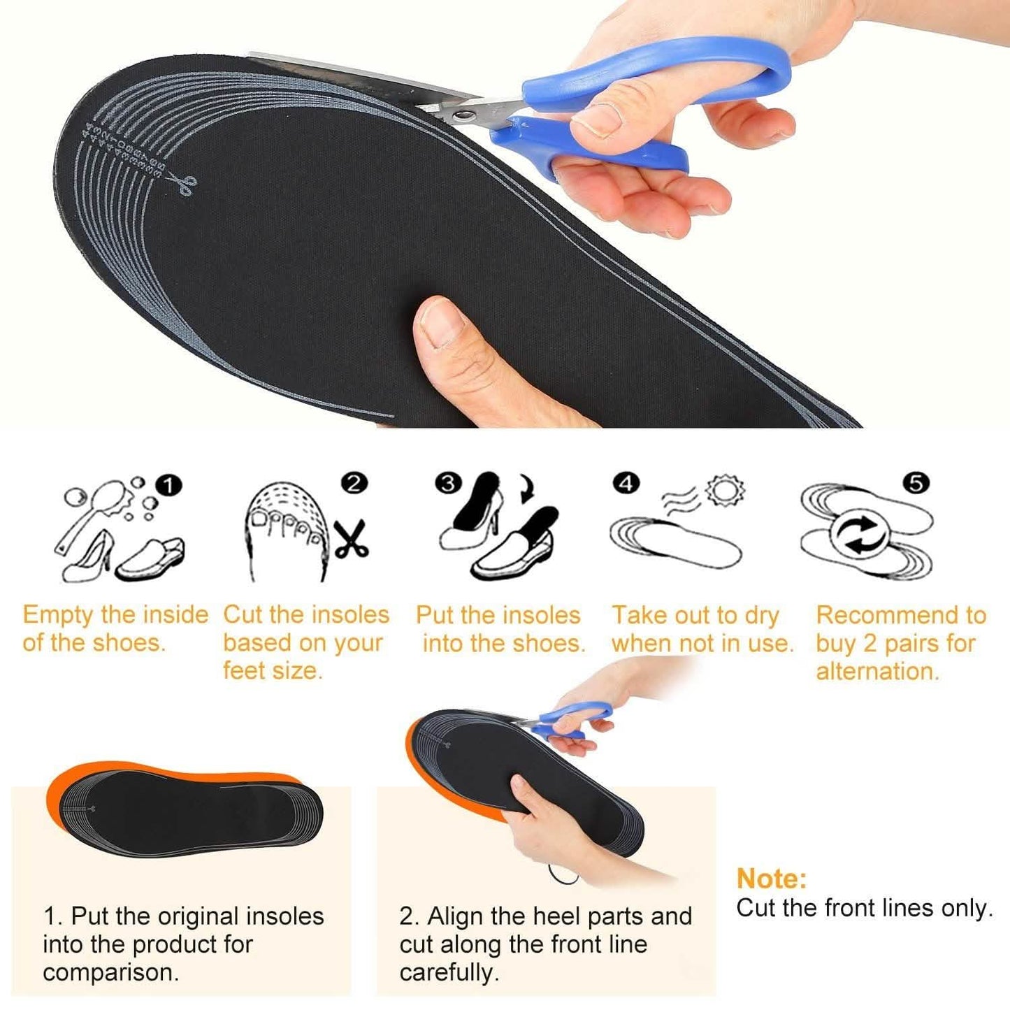 Heated insole with cut lines and scissors, showing trimming of insoles