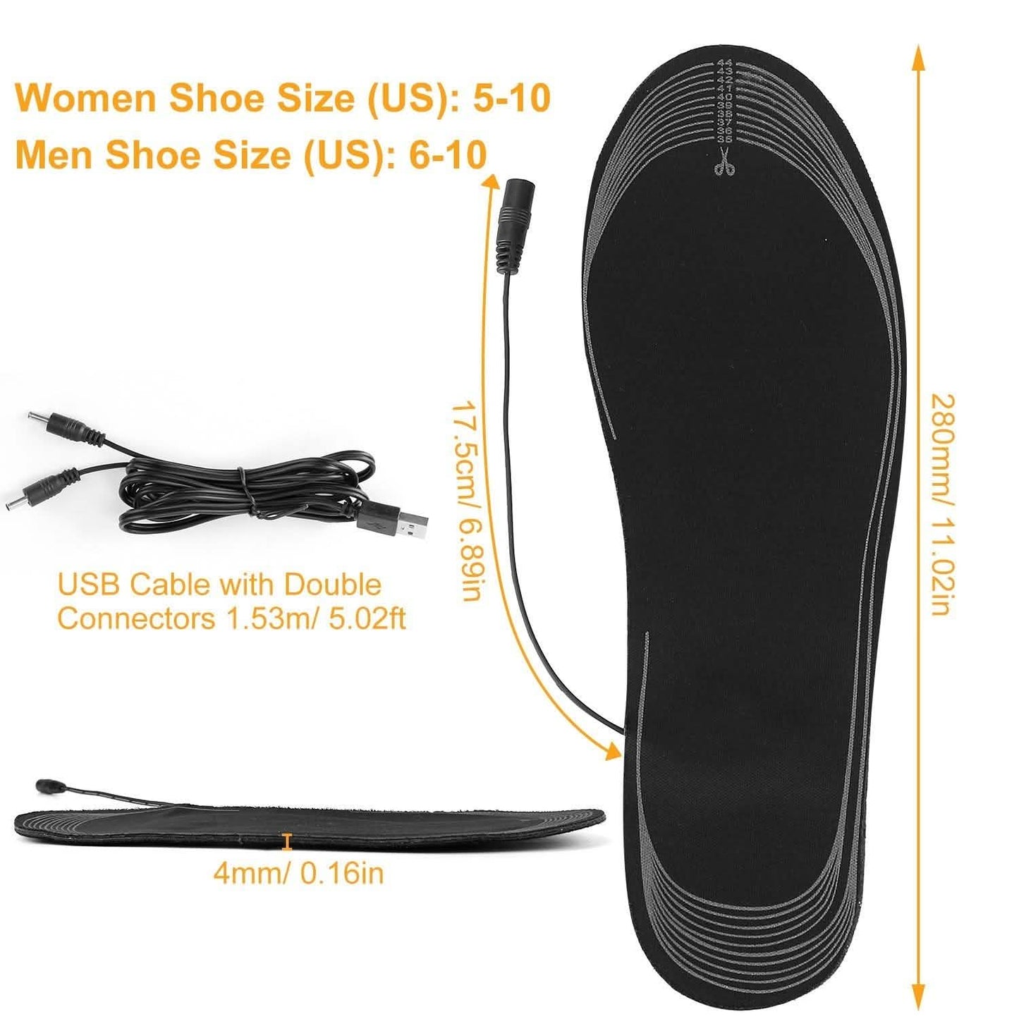 Black heated insole with USB cable and length/size indicators