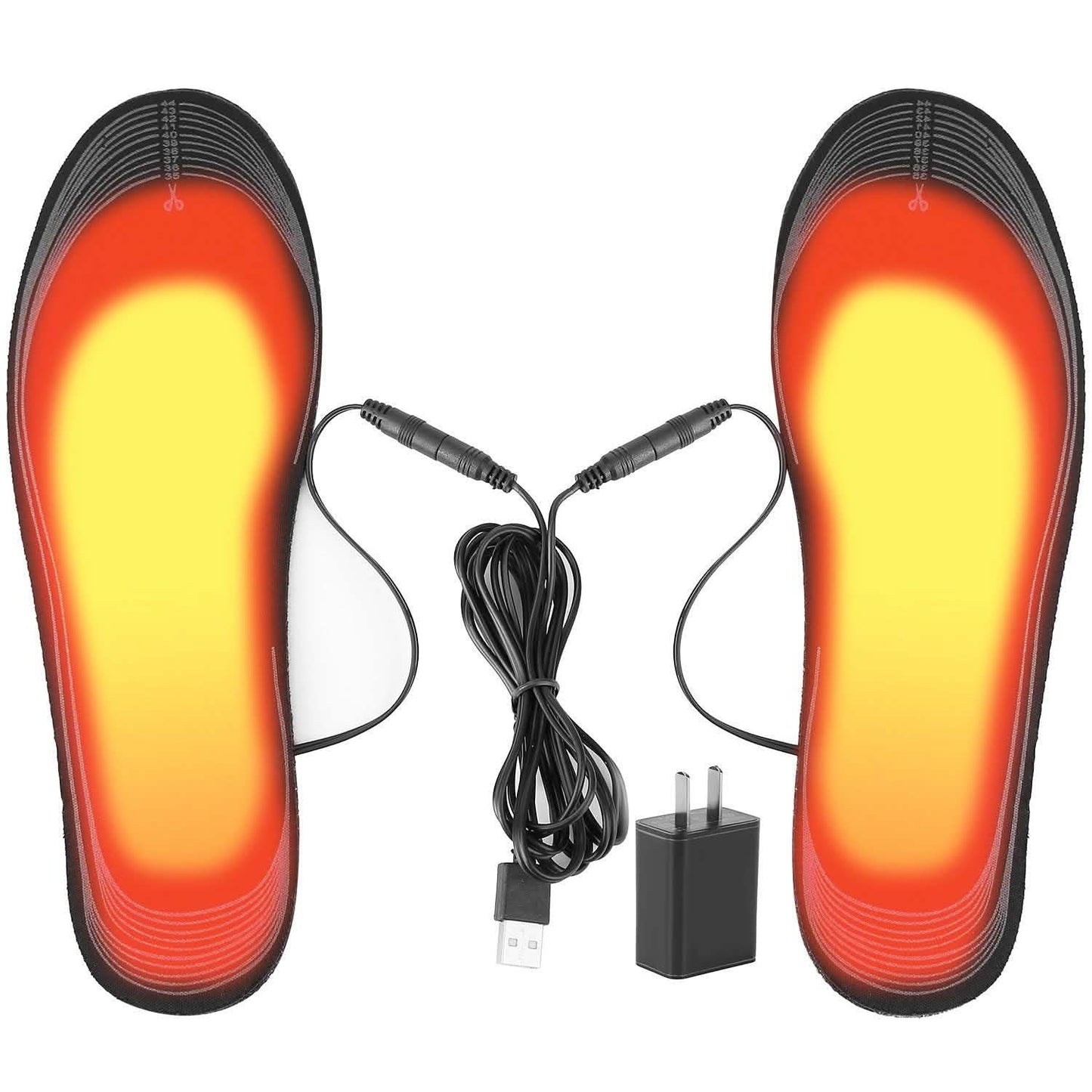 Heated insoles with visible glowing heat pads, black soles with USB power cords