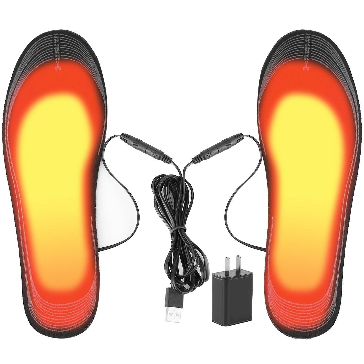 Heated insoles with visible glowing heat pads, black soles with USB power cords