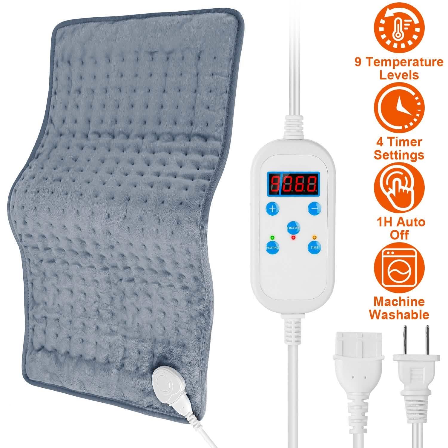 Electric heating pad, dark blue, shown with in-line controller and power plug ends