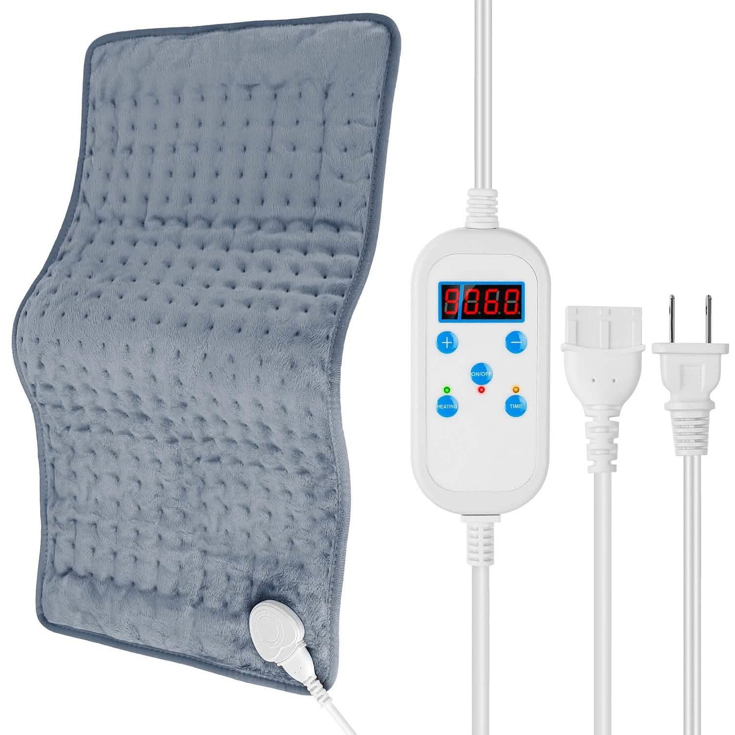 Dark blue electric heating pad with controller display and plus/minus buttons