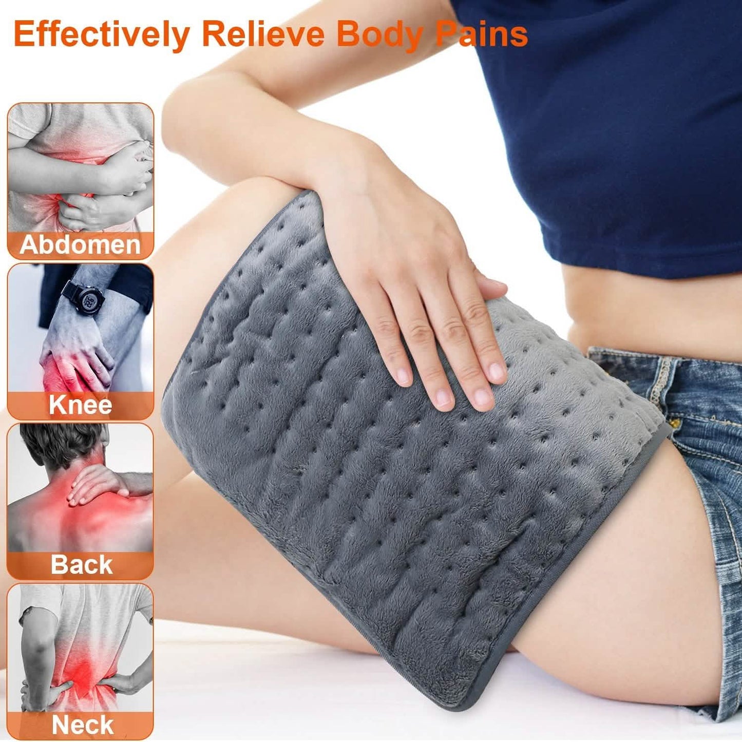 Dark blue electric heating pad placed on shoulder with textured dotted fabric surface