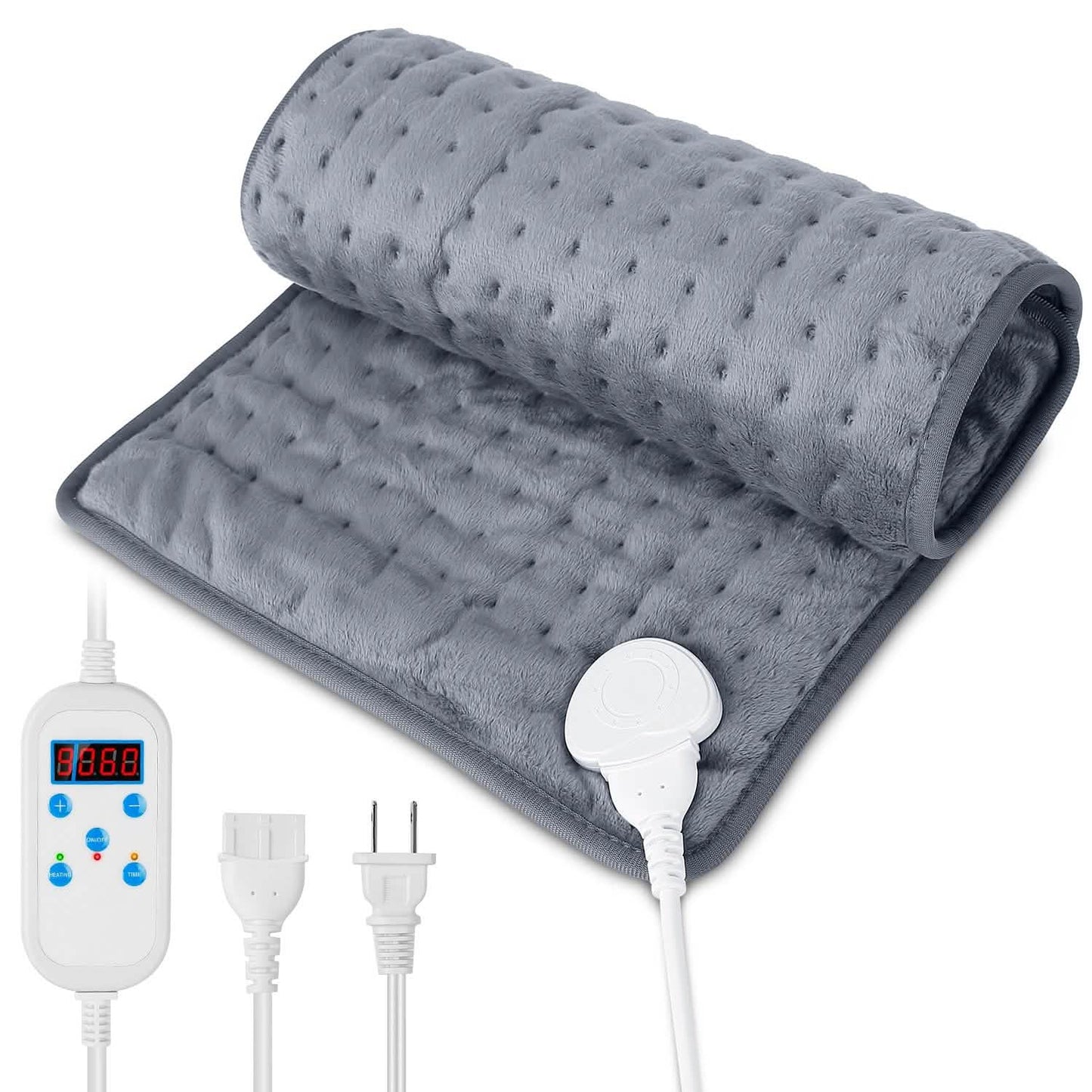 Rolled dark blue electric heating pad with white snap controller and cord