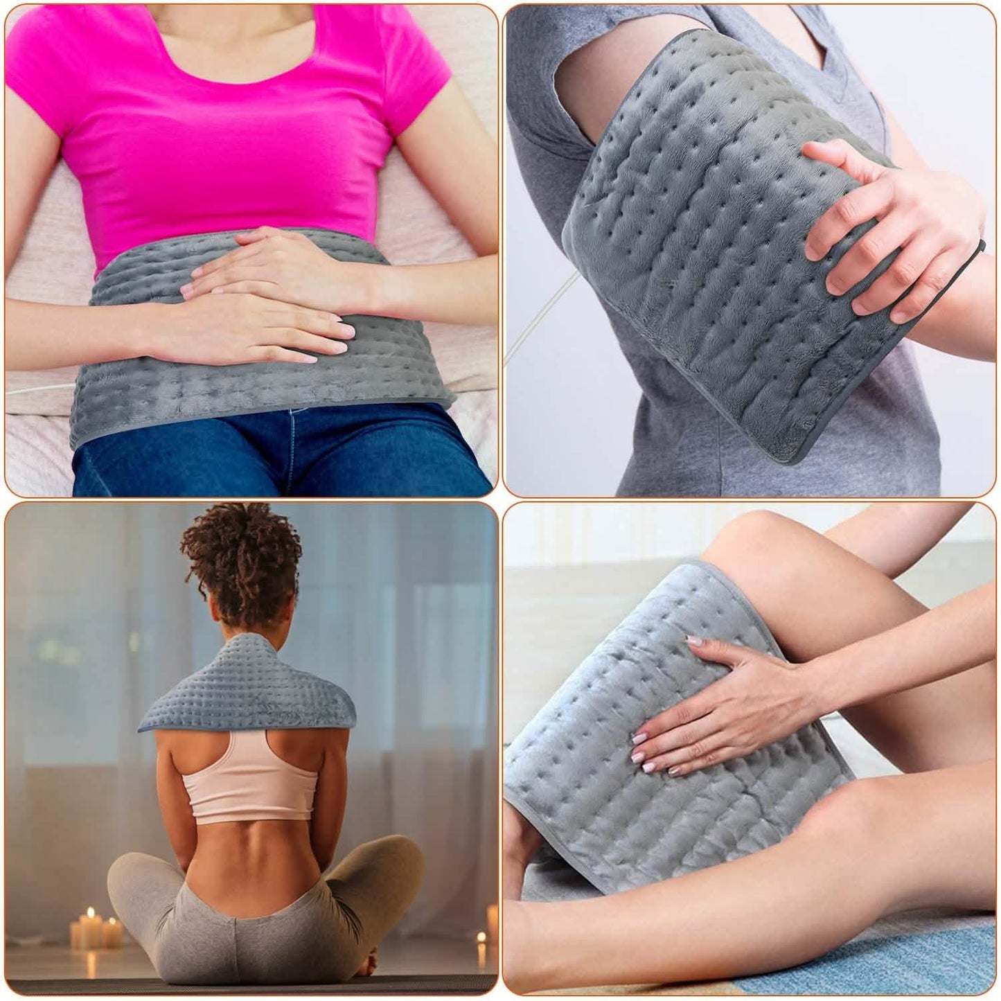 Grey electric heating pad, quilted dotted texture placed on lap