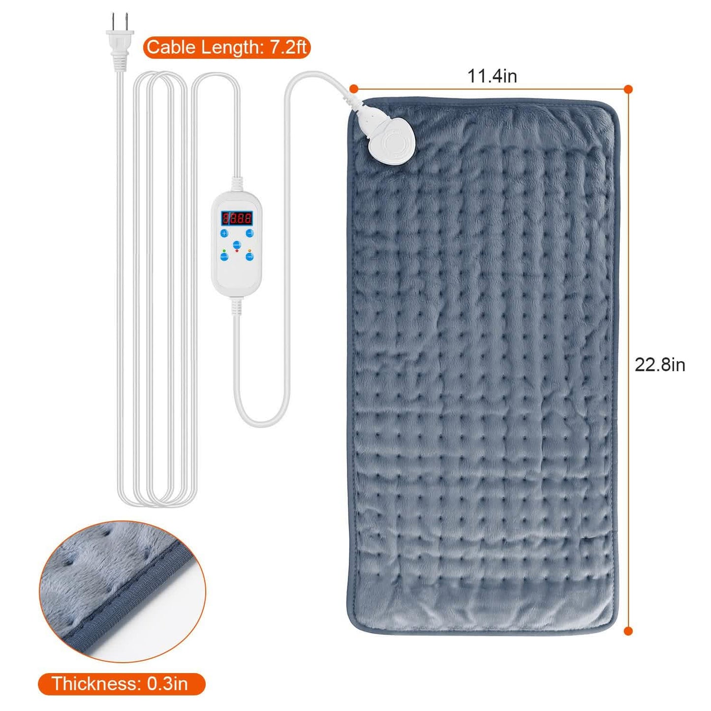 Dark blue electric heating pad with controller, cord, and visible side fabric edge