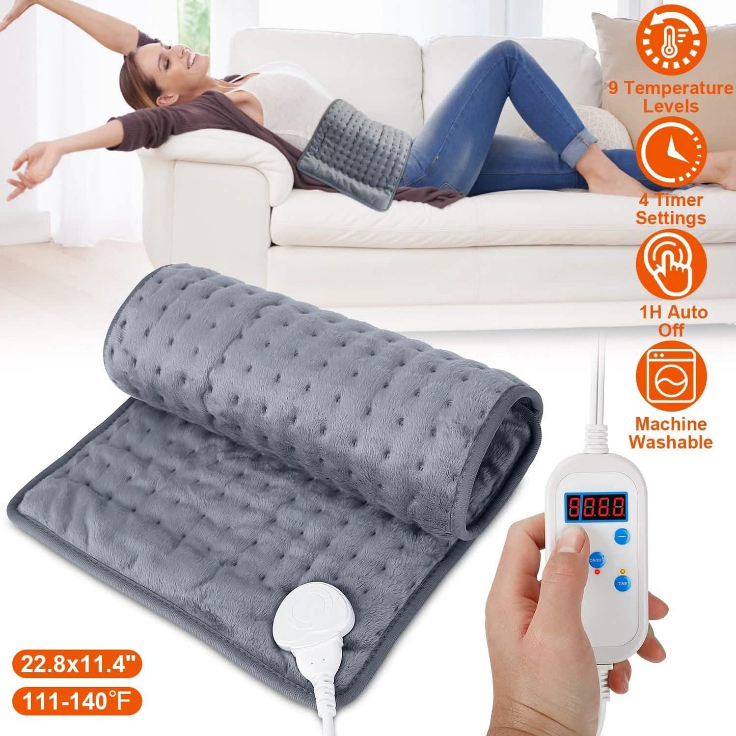 Dark blue electric heating pad on couch with white controller showing red digital display