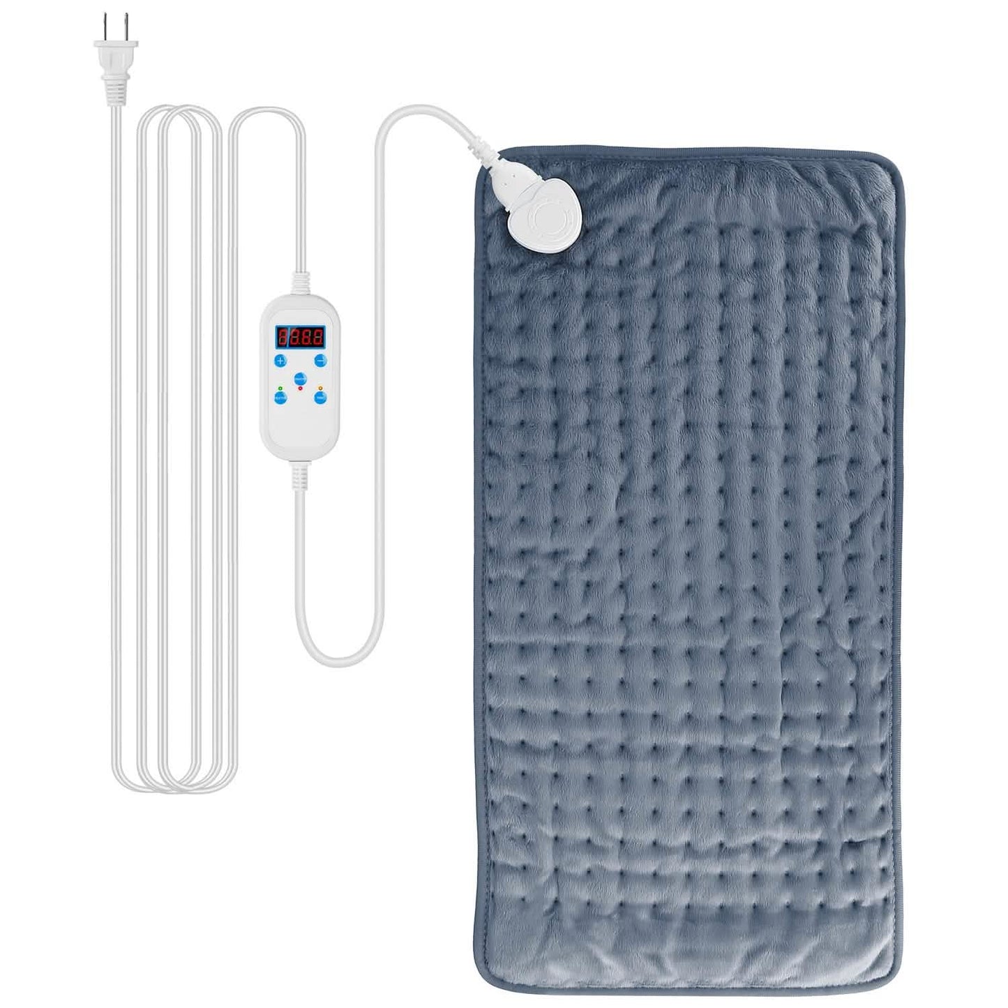 Electric heating pad in dark blue with textured dots and white controller cable