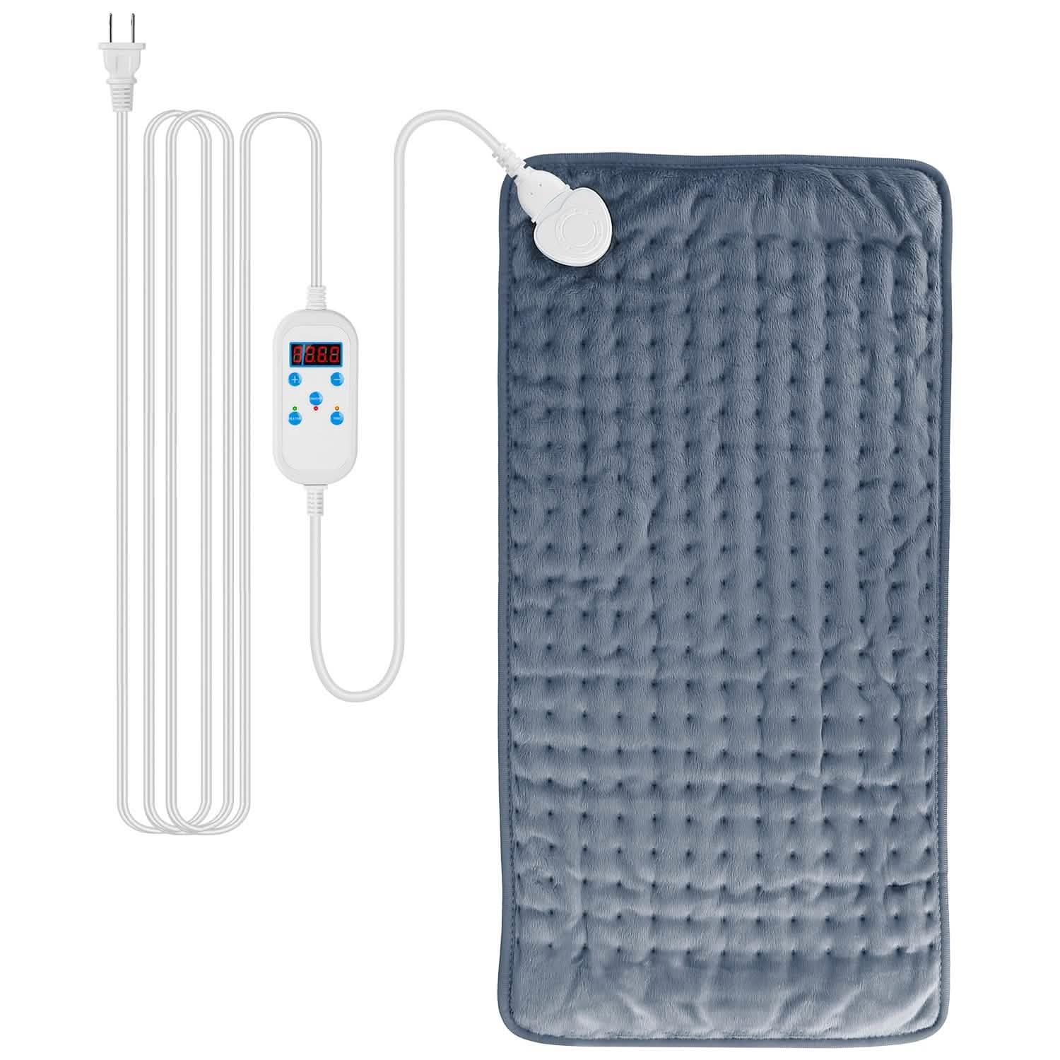 Electric heating pad in dark blue with textured dots and white controller cable