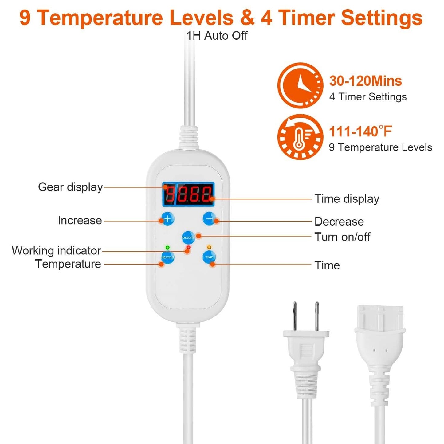 White heating controller with red digital display and buttons attached to power cord
