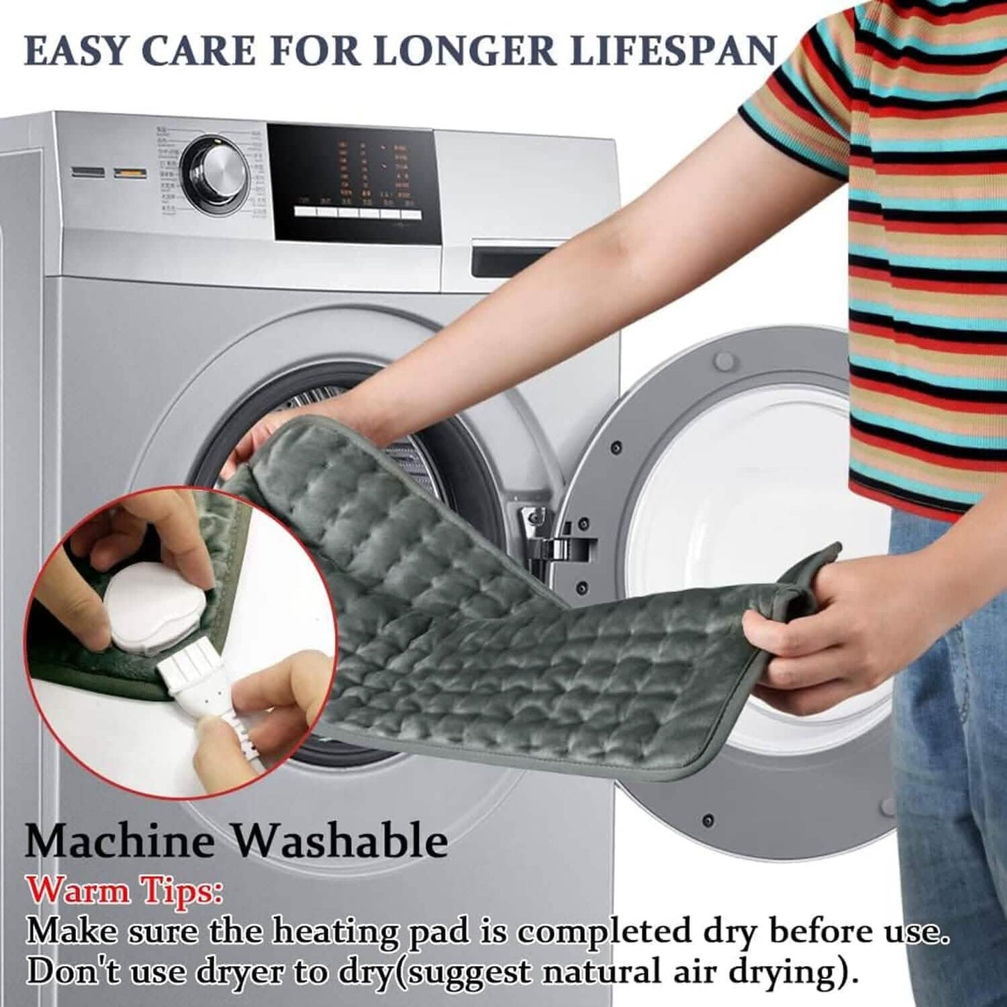 Grey electric heating pad machine-washable shown inside washing machine