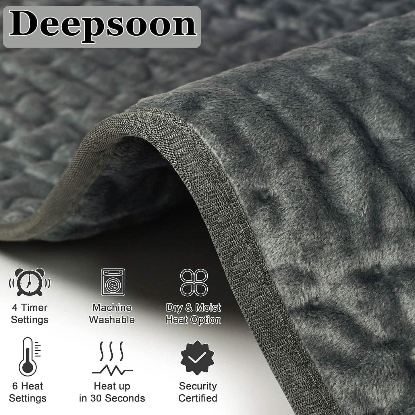 Grey electric heating pad with timer, 6 heat settings, and dry & moist icons