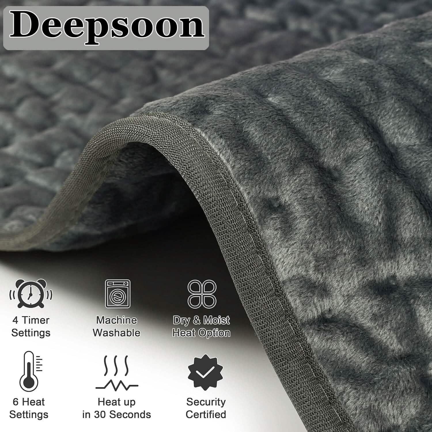 Grey electric heating pad with timer, 6 heat settings, and dry & moist icons