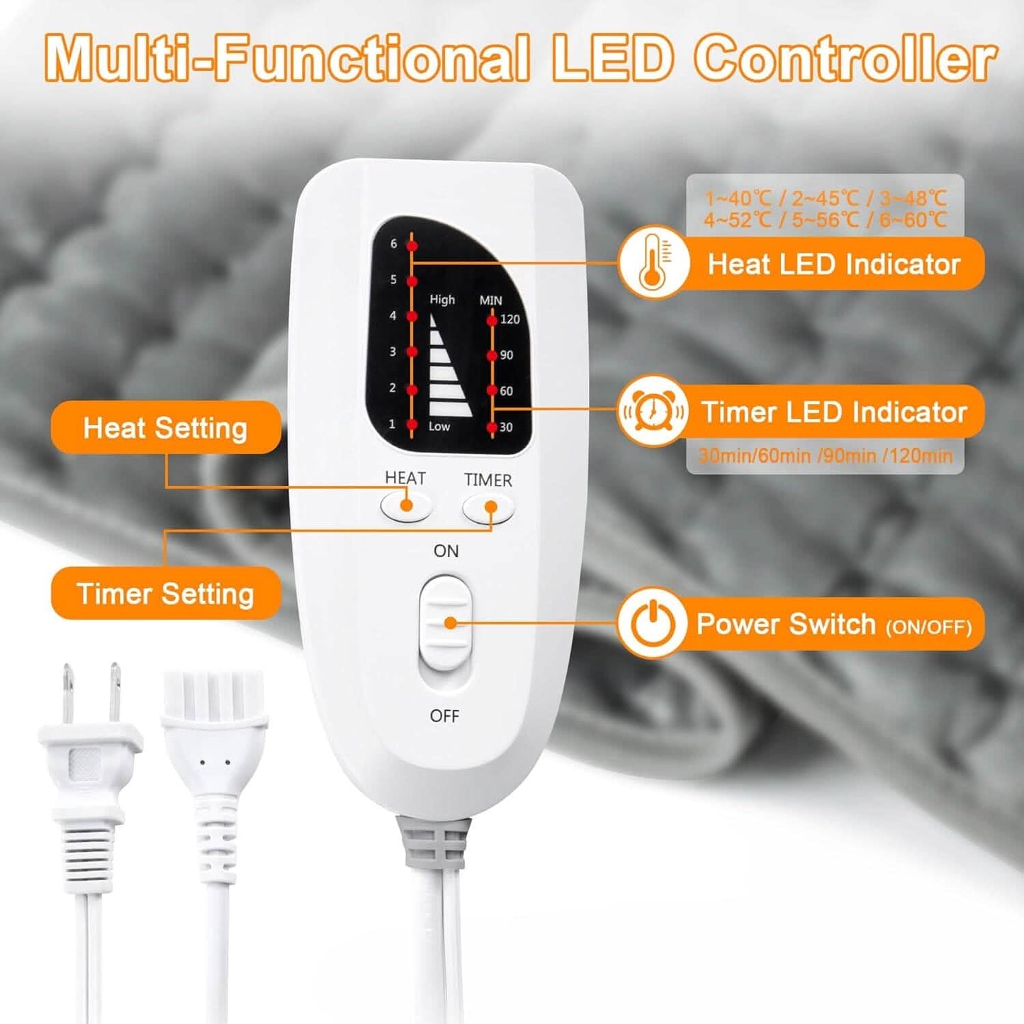 LED controller for electric heating pad with heat and timer indicator display