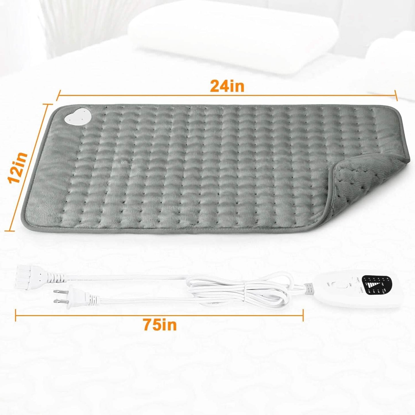 Grey electric heating pad with 24in x 12in size layout and power cord
