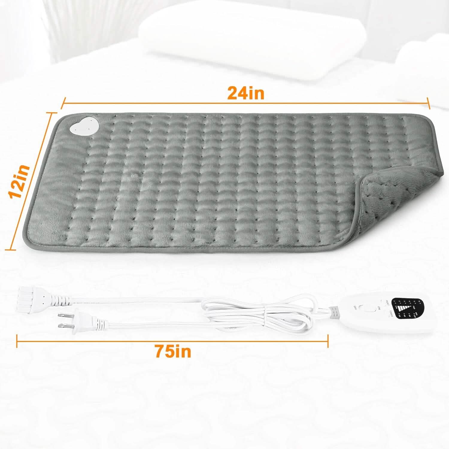 Grey electric heating pad with 24in x 12in size layout and power cord