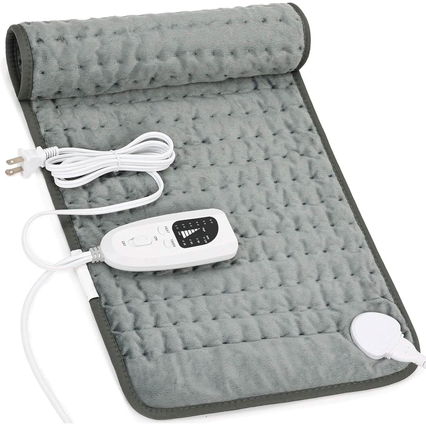 Grey electric heating pad with snap-on controller and power cord