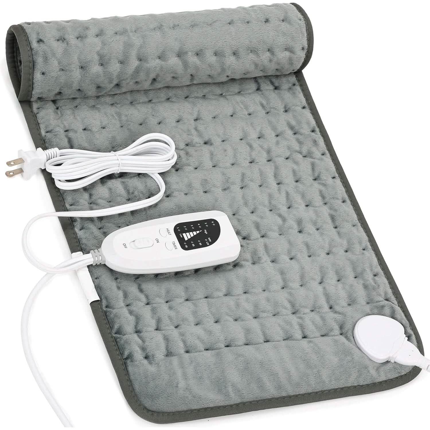 Grey electric heating pad with snap-on controller and power cord