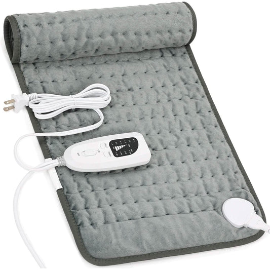 Grey electric heating pad with snap-on controller and power cord