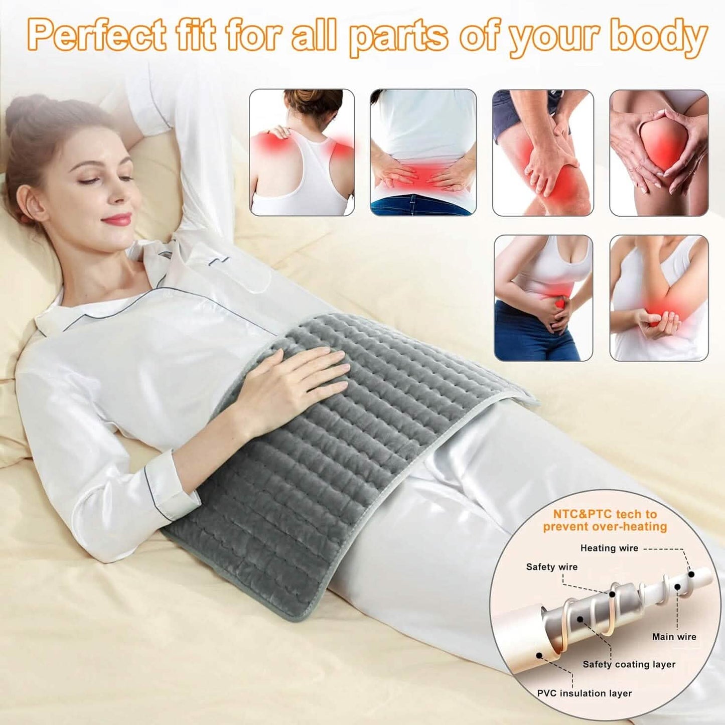 Electric heating pad laid out with multi-part body fit and safety wiring inset