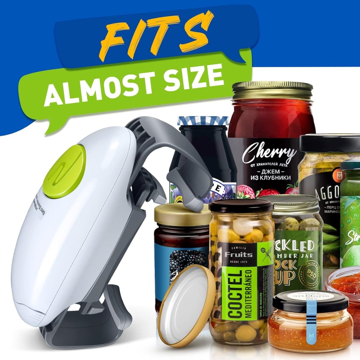 Electric jar opener beside assorted jars and lids, designed to fit most sizes