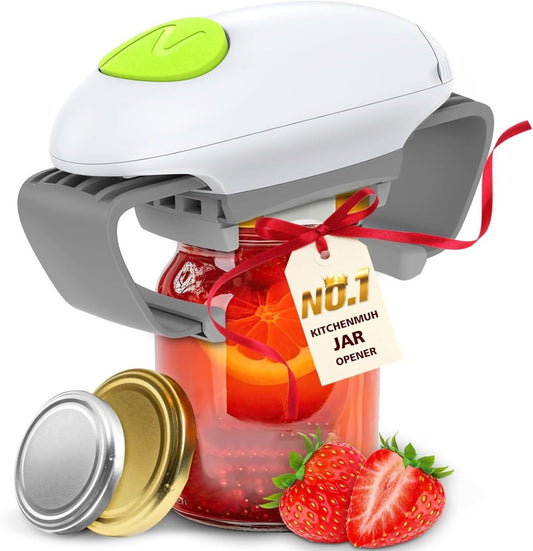 Electric jar opener with lime button and gray clamp over a glass jar