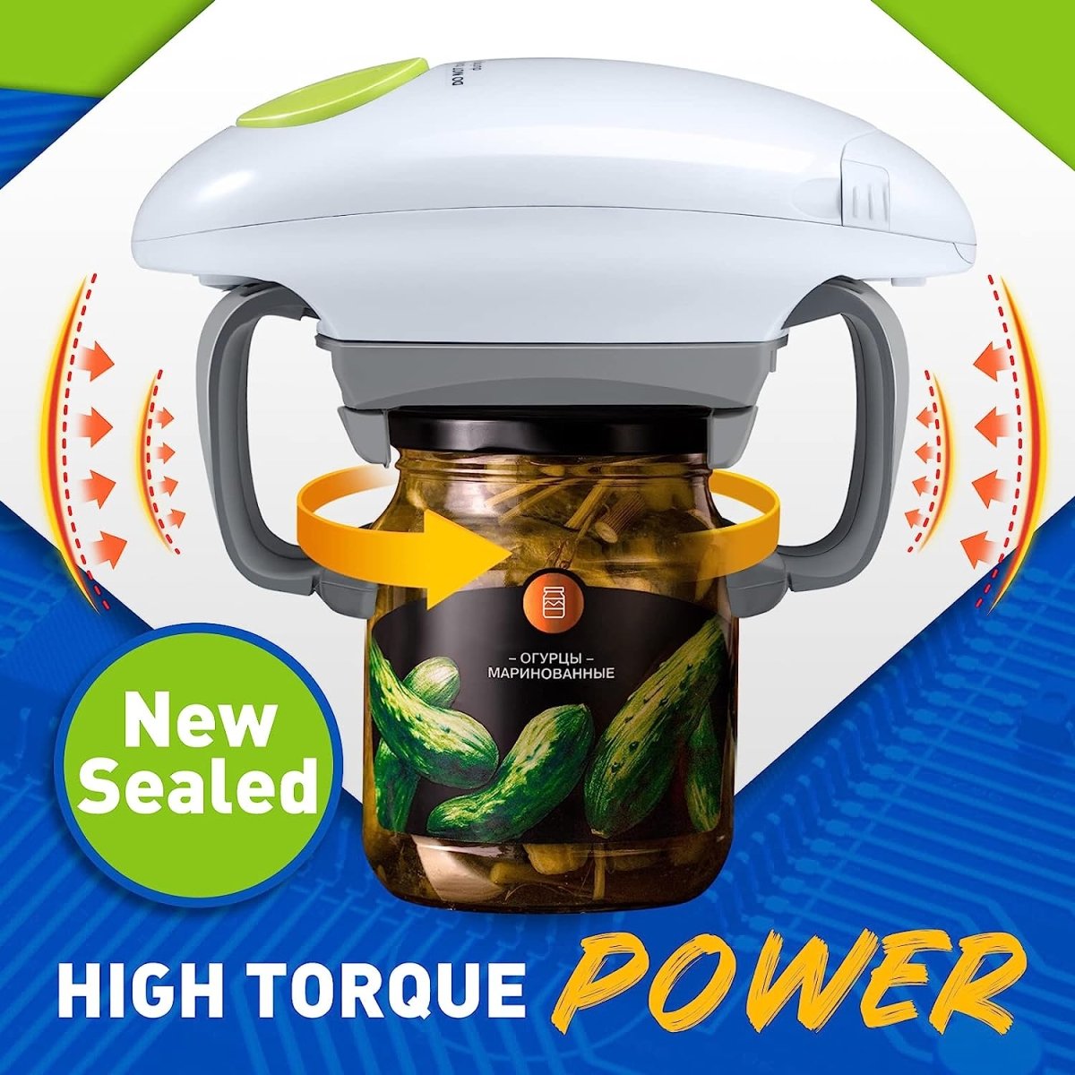 Electric jar opener clamped on a jar lid with twisting arrows indicating motion