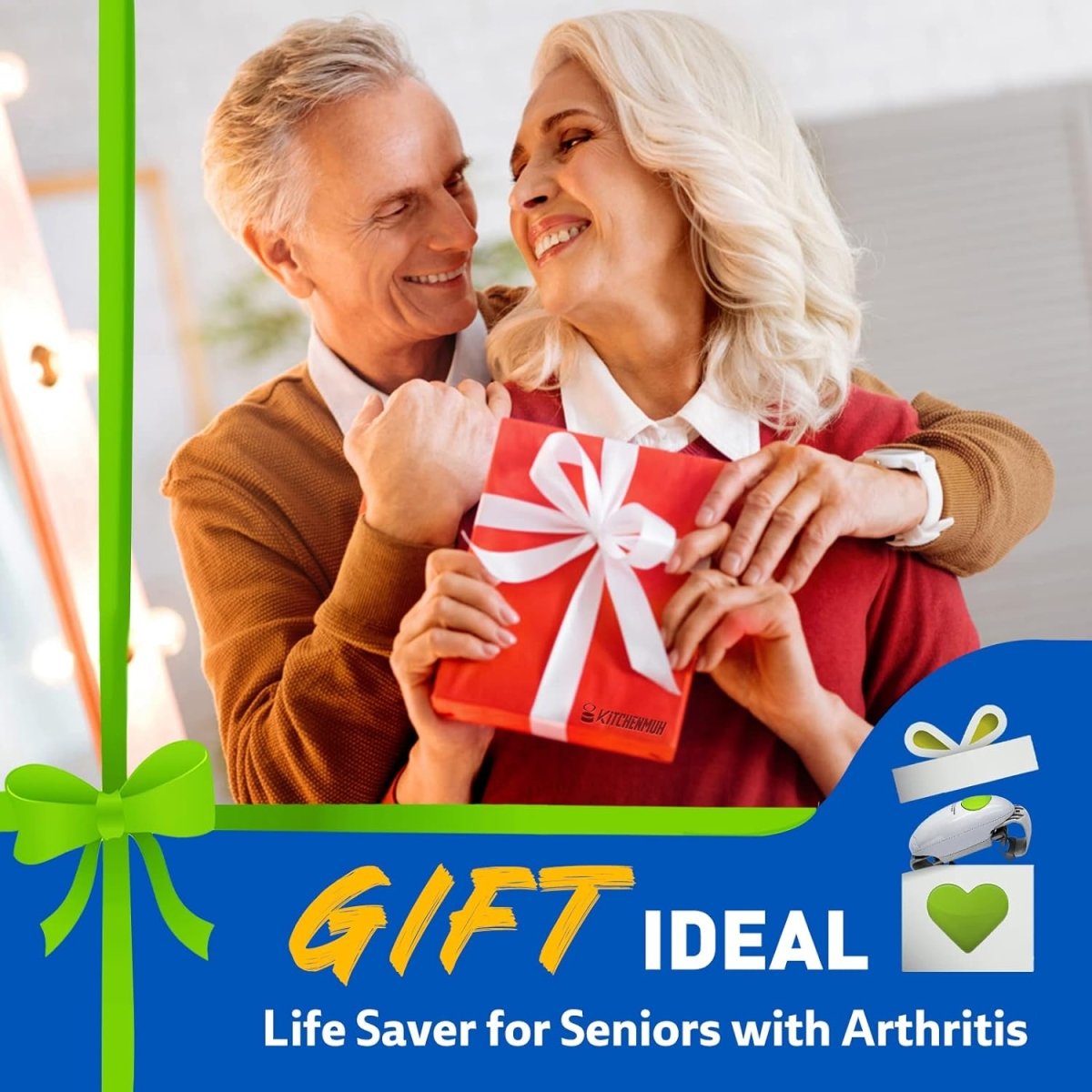 Electric jar opener shown in a gift-themed promo with smiling seniors holding a present