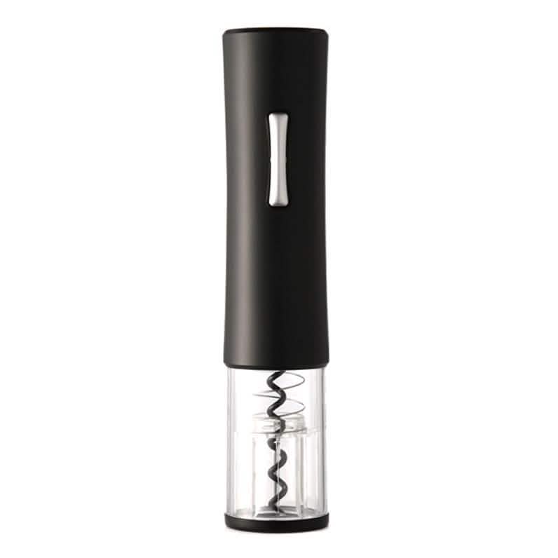 Black electric wine bottle opener with clear base and visible spiral corkscrew