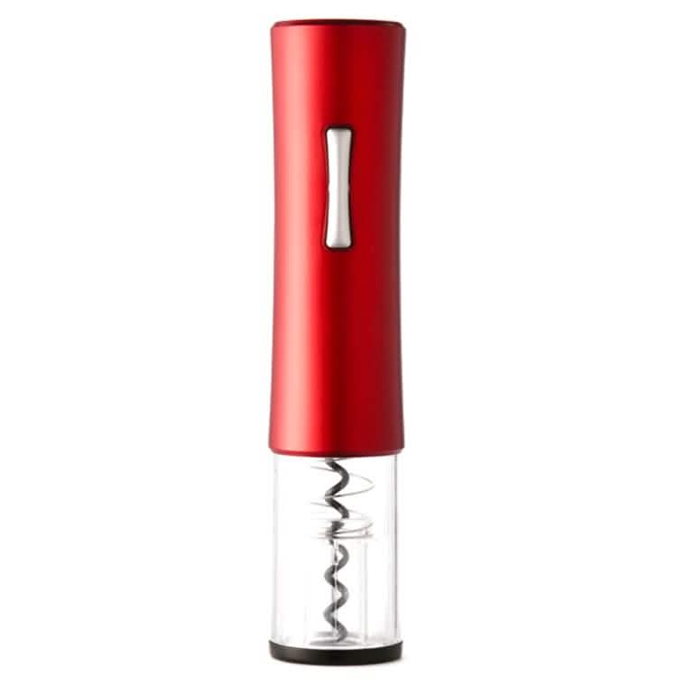 Red electric wine bottle opener with clear base and visible spiral corkscrew