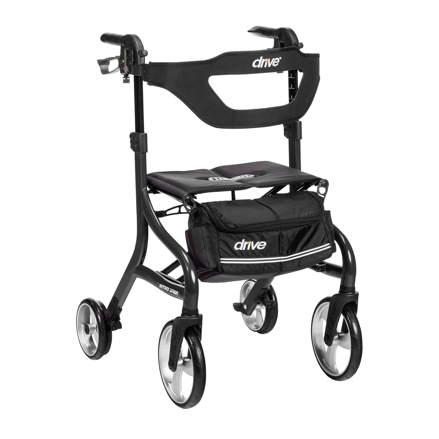 Tall black rollator walker with padded seat, curved backrest, and front storage bag