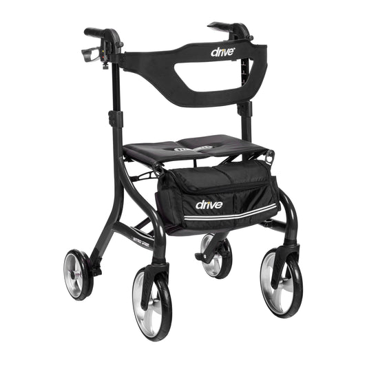 Tall black rollator walker with padded seat, curved backrest, and front storage bag