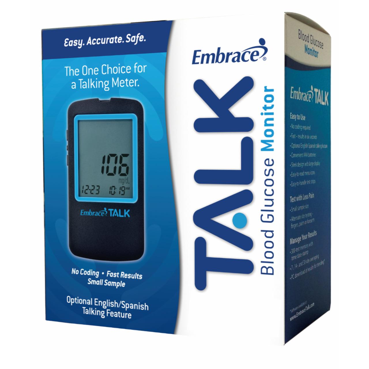 No-code talking blood glucose monitor box with device and screen