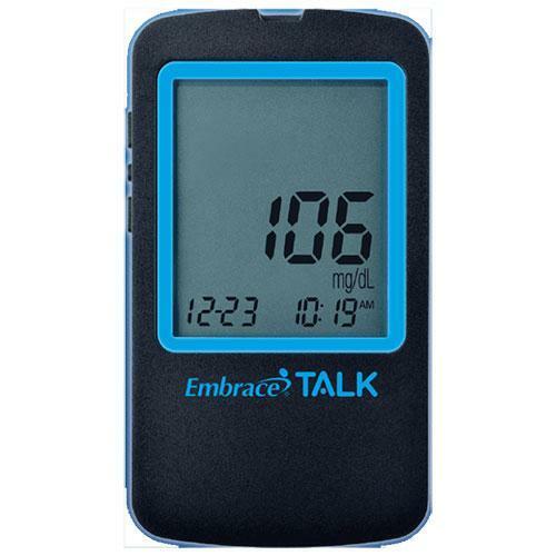Black glucose meter with blue border showing 105 mg/dL on display