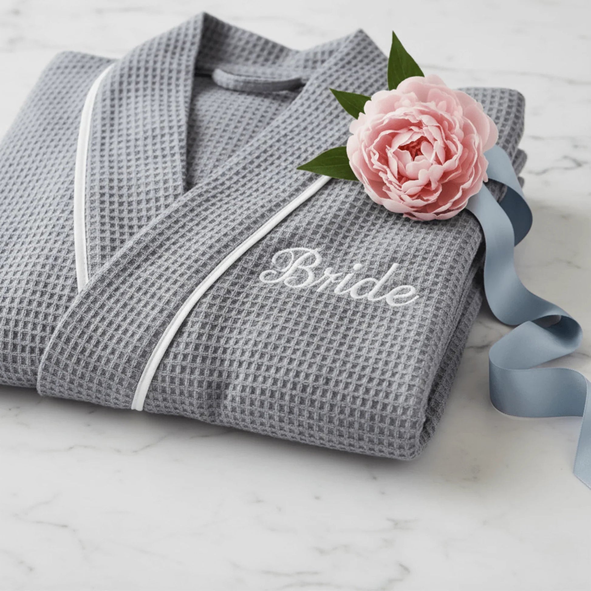 Gray waffle knee-length robe with 'Bride' embroidery and white piping