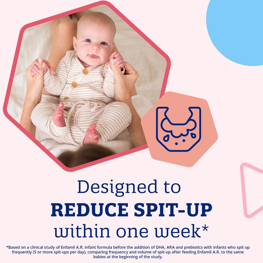 Designed to reduce spit-up within one week A.R. added rice formula graphic