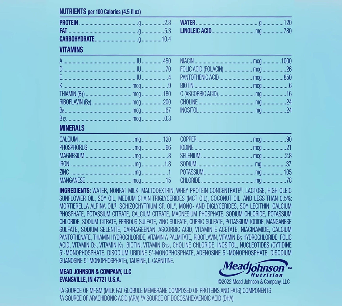 EnfaCare infant formula supplement facts nutrition information panel