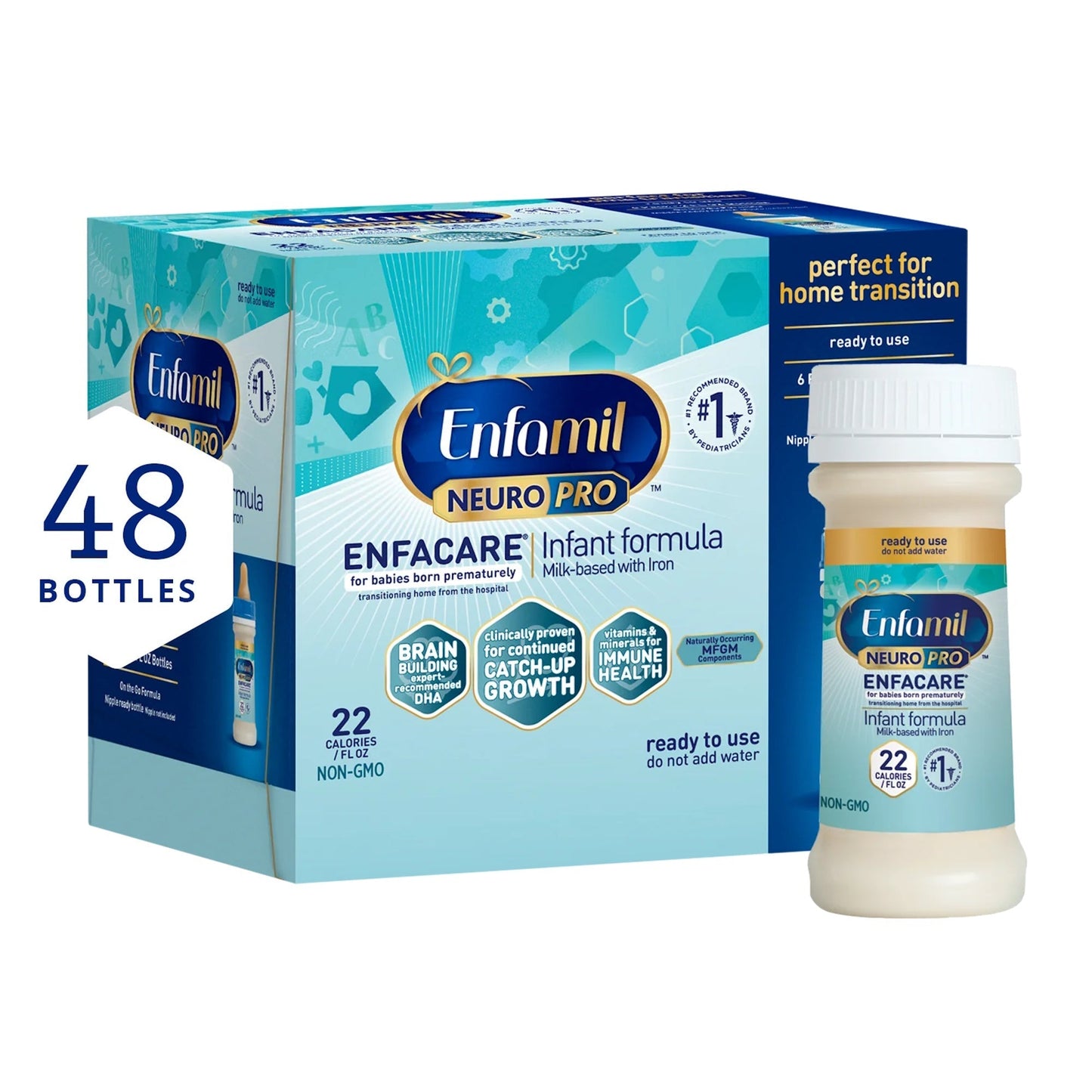 EnfaCare premature infant formula, ready-to-use, unflavored; 48 bottles carton and bottle