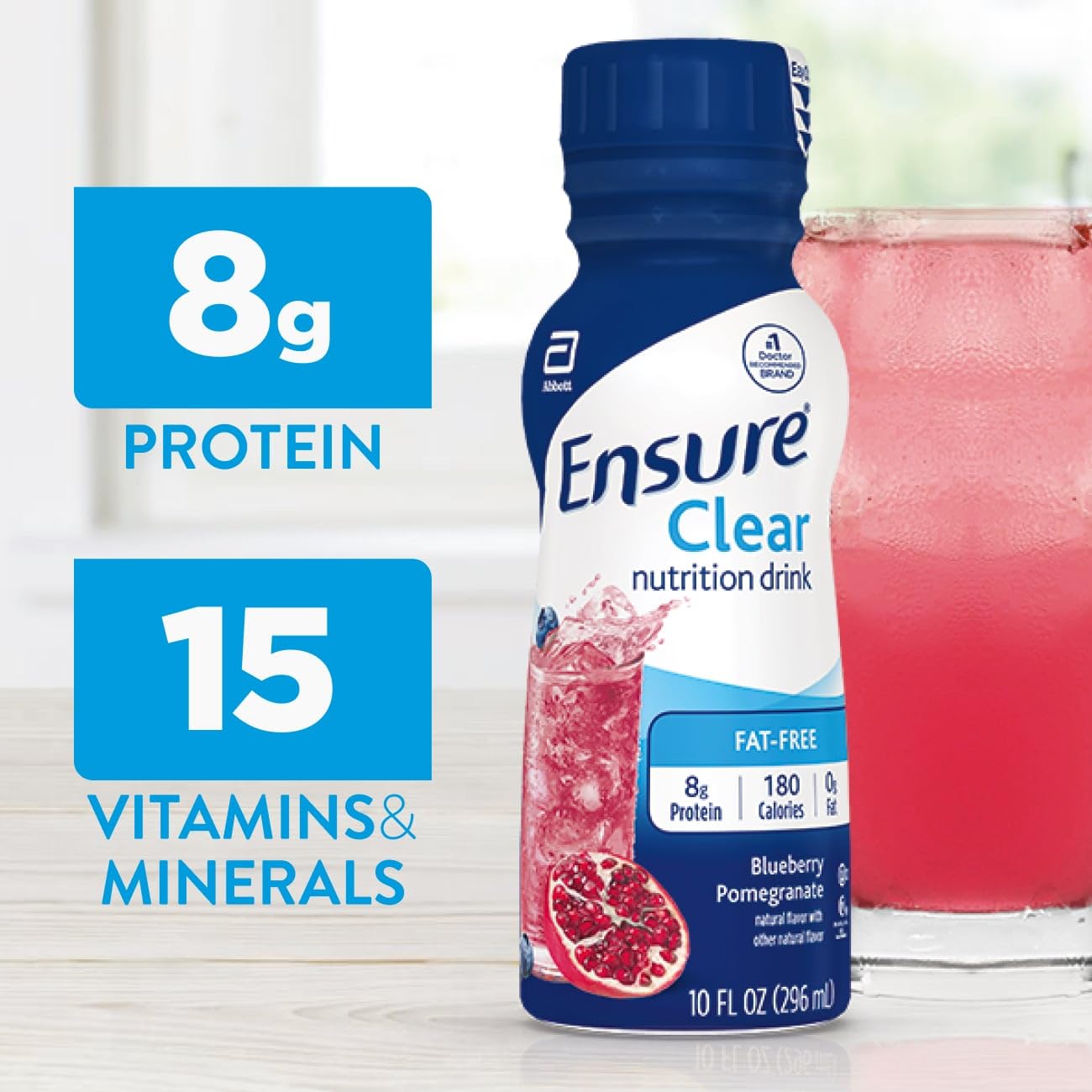 Nutrition drink bottle showing 8g protein and 15 vitamins & minerals, blueberry pomegranate
