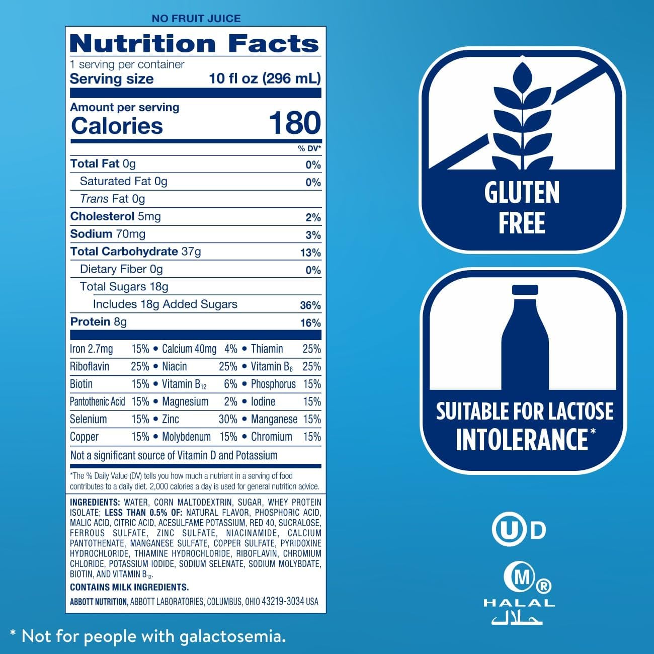 Nutrition Facts for Ensure Clear mixed fruit drink: 180 calories, gluten free
