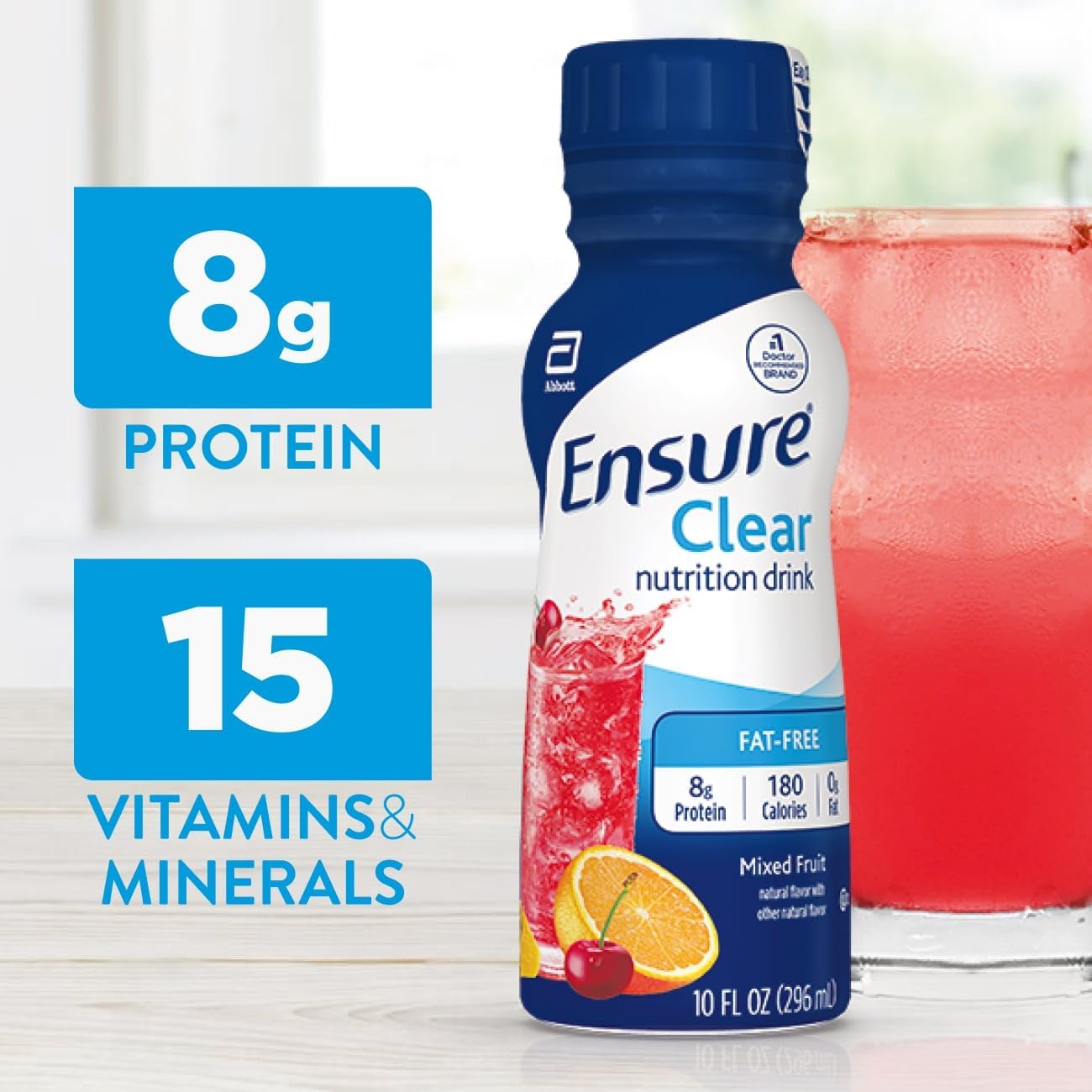 Ensure Clear nutrition drink label: 8g protein, 15 vitamins & minerals
