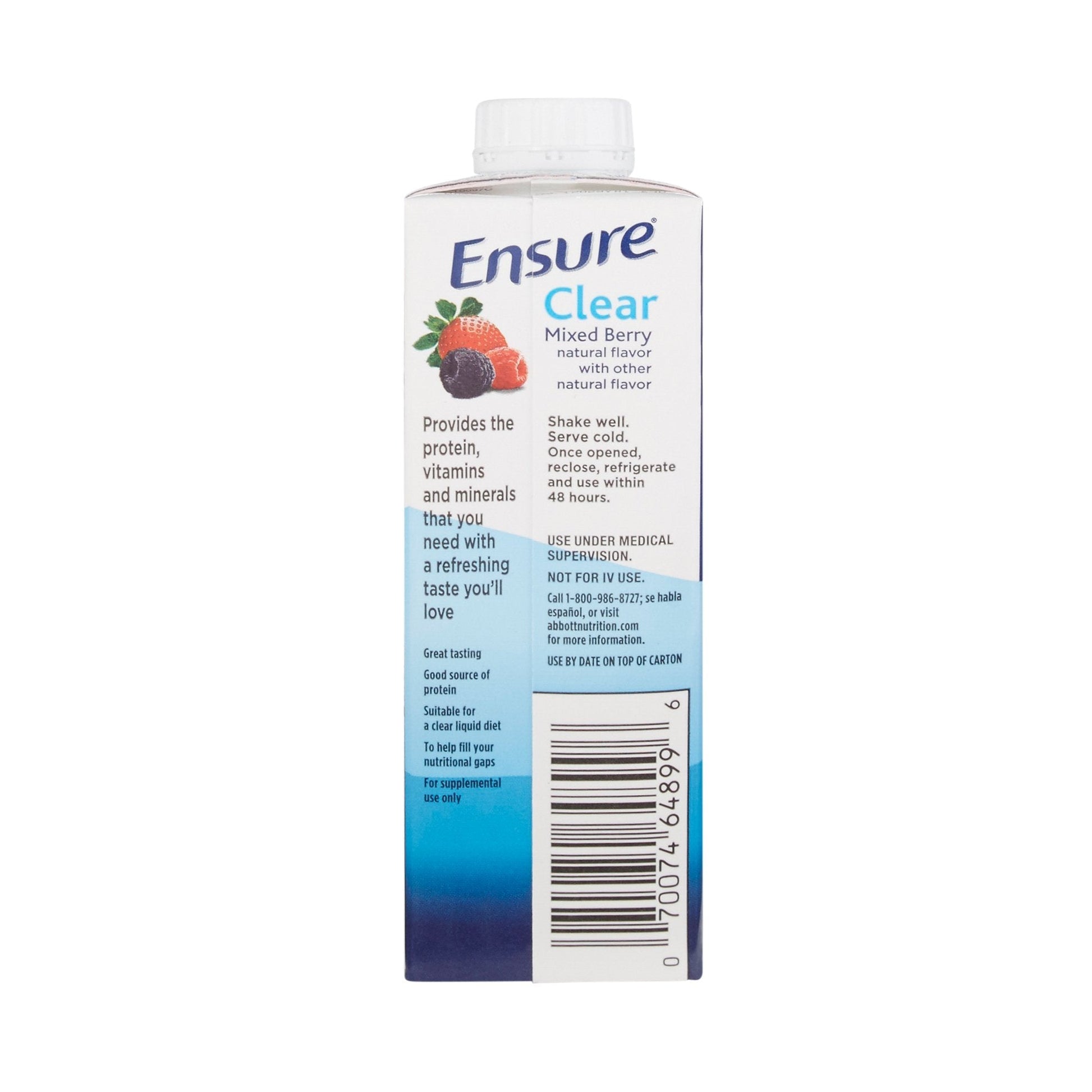 Ensure Clear mixed berry therapeutic nutrition drink, side label with usage instructions