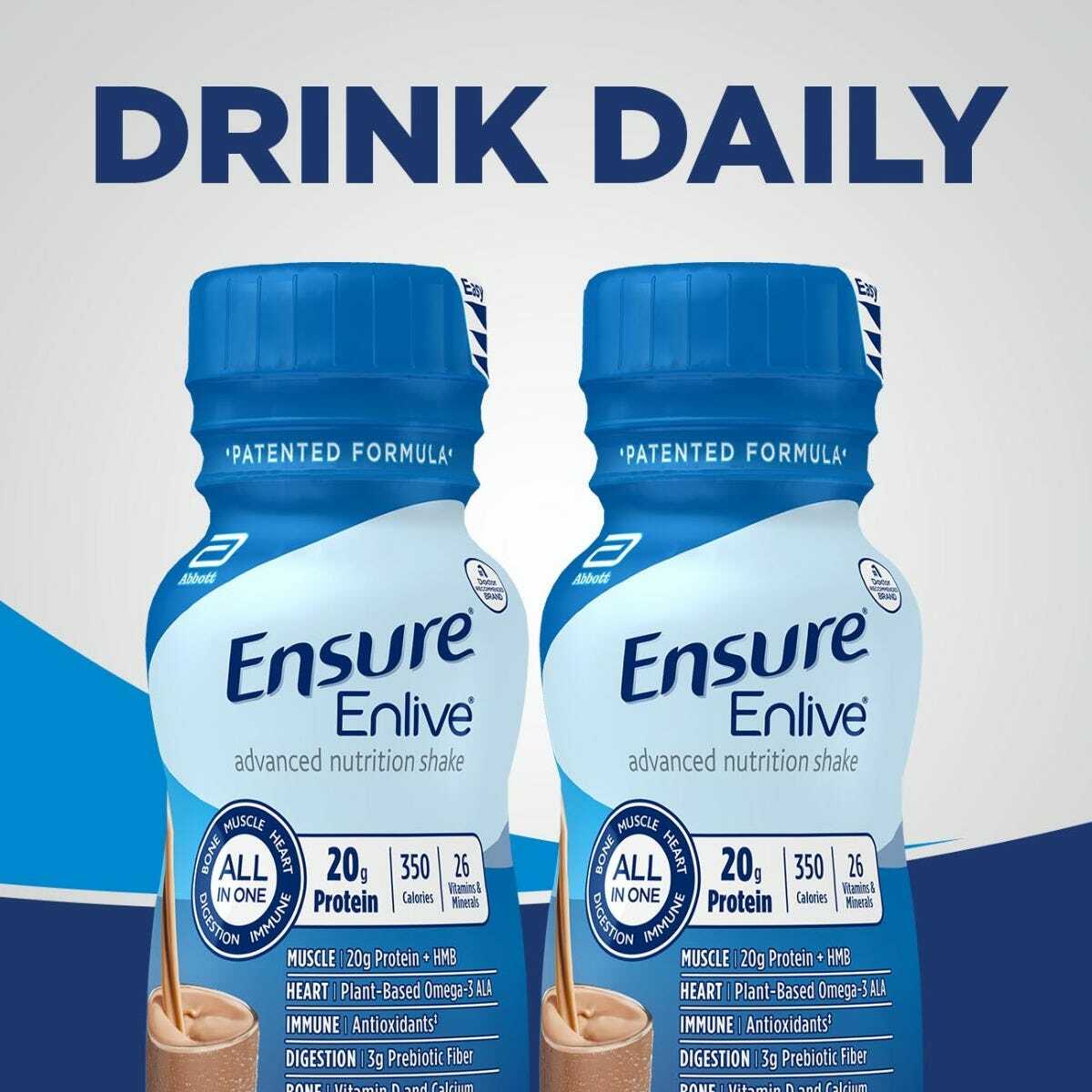 Two Ensure Enlive milk chocolate shake bottles, 8 fl oz, drink daily