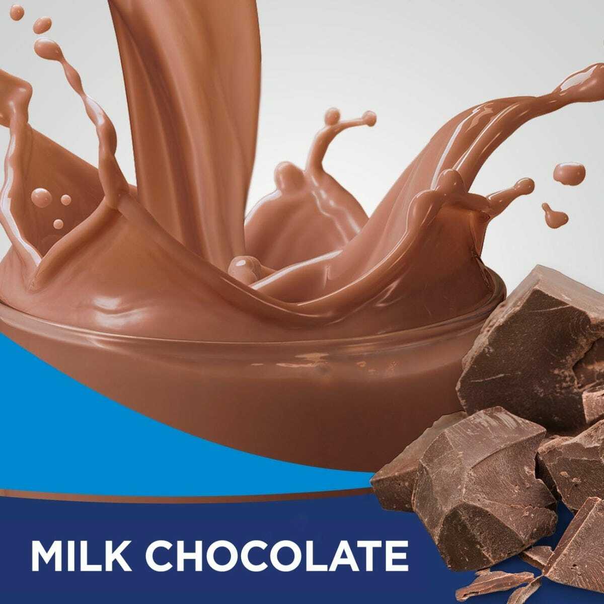 Milk chocolate nutrition shake with chocolate chunks and creamy splash