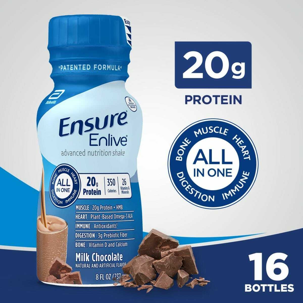 Ensure Enlive milk chocolate shake bottle with “20g protein” and “16 bottles”