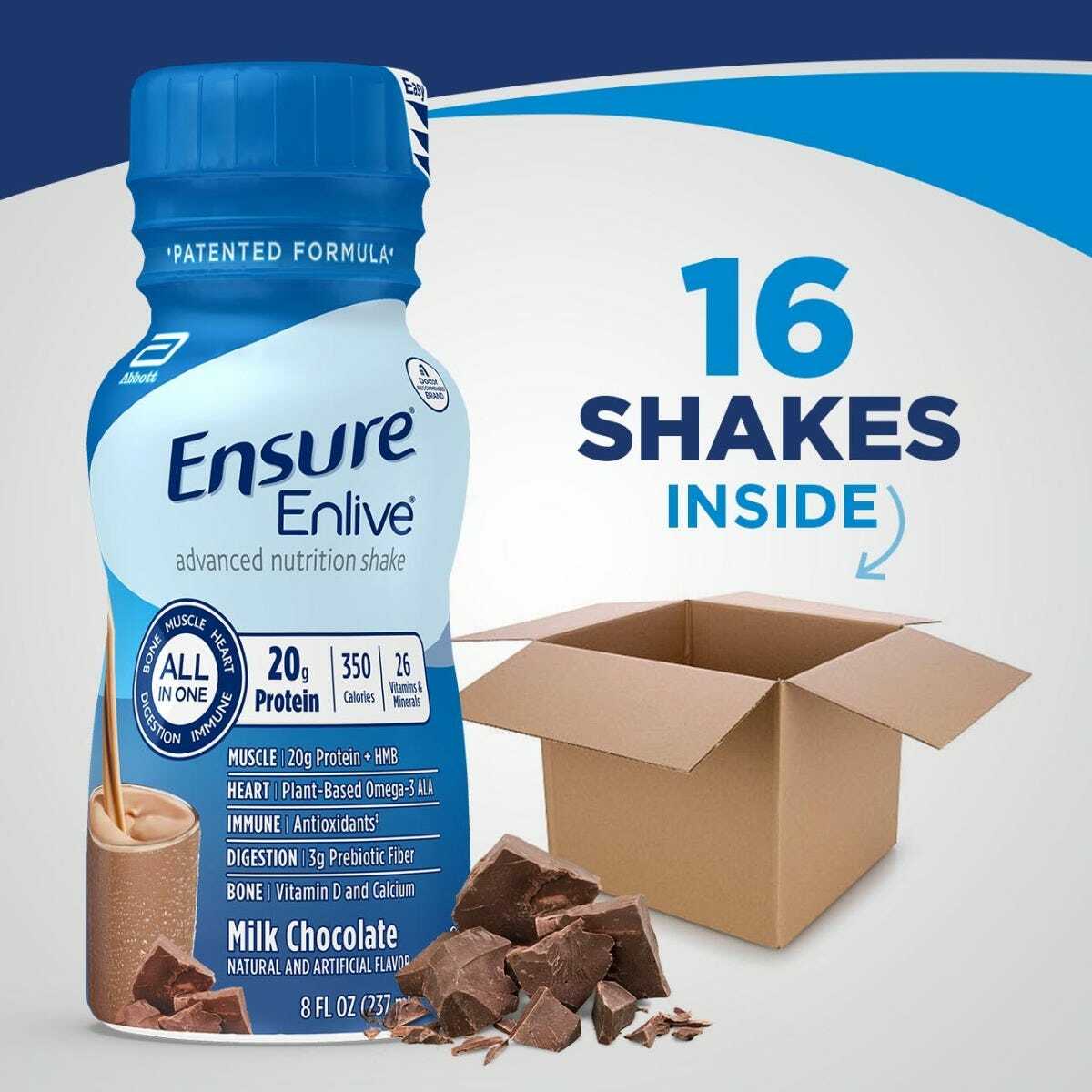 Ensure Enlive milk chocolate shake bottle with “16 shakes inside” label