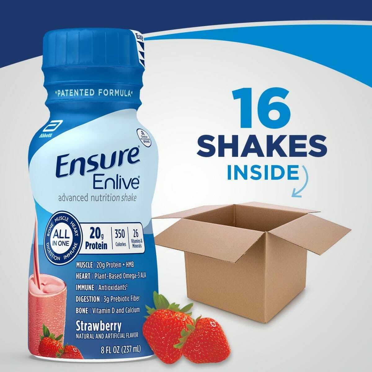 Ensure Enlive Strawberry nutrition shake bottle with tray box, 16 shakes inside